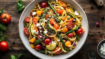 Spring pasta with a delicious mix of fresh vegetables, perfect for a light meal full of flavor. - (Illustrative Image Infobae)