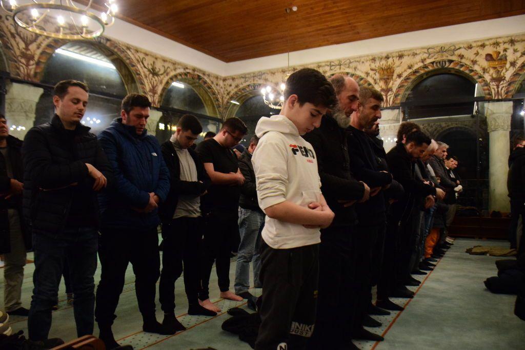 Albanian Muslims praying in a mosque