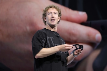 Meta CEO Mark Zuckerberg presents the Orion augmented reality glasses during the annual Meta Connect event at the company's headquarters in Menlo Park, California, U.S., September 25, 2024. REUTERS/Manuel Orbego