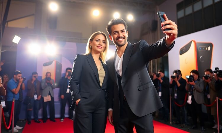 Una mujer de unos 30 años posa en una alfombra roja, vestida con un elegante traje de pantalón y americana, junto a un hombre de edad similar, que también lleva un traje. Ambos se están tomando un selfie juntos. La escena está iluminada por los brillantes destellos de las cámaras, capturando la emoción del evento. Detrás de ellos, el photocall muestra un anuncio de teléfonos móviles, enfatizando que se trata de un evento patrocinado por una marca.